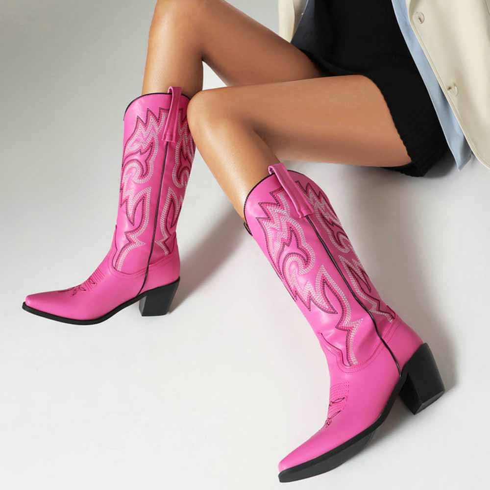 Stylish pink colorful embroidered cowgirl boots with intricate designs, perfect for trendy outfits