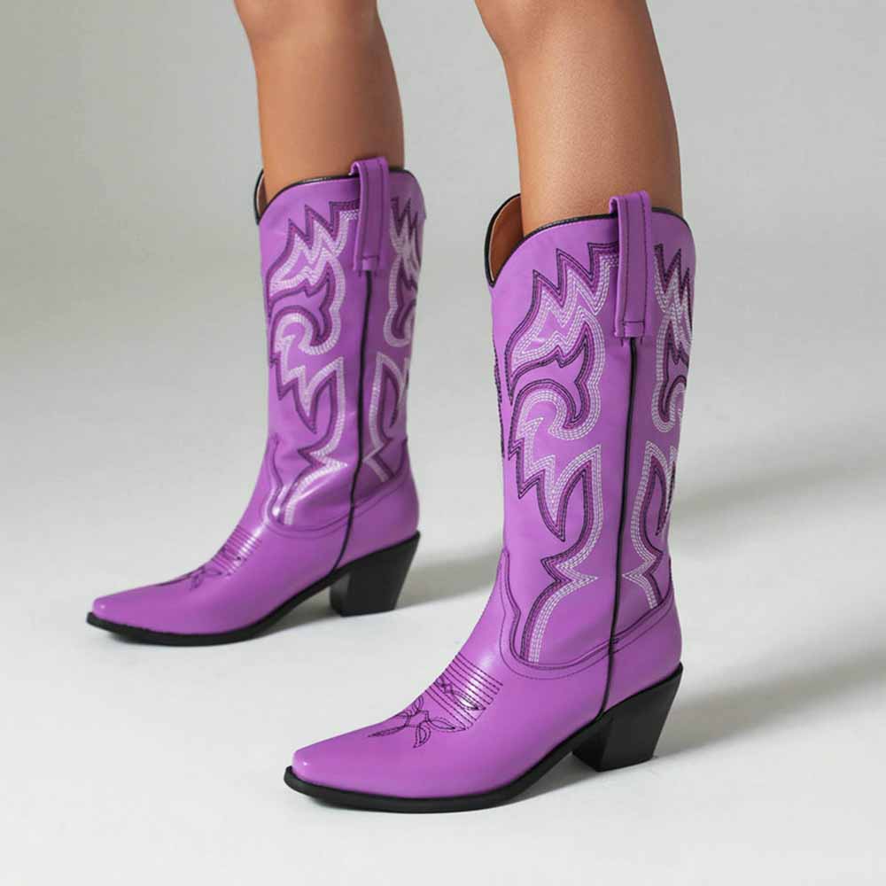 Colorful embroidered cowgirl boots in vibrant purple with stylish designs for a bold look
