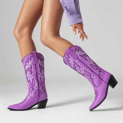 Colorful embroidered cowgirl boots in purple with stylish western design for fashion-forward outfits
