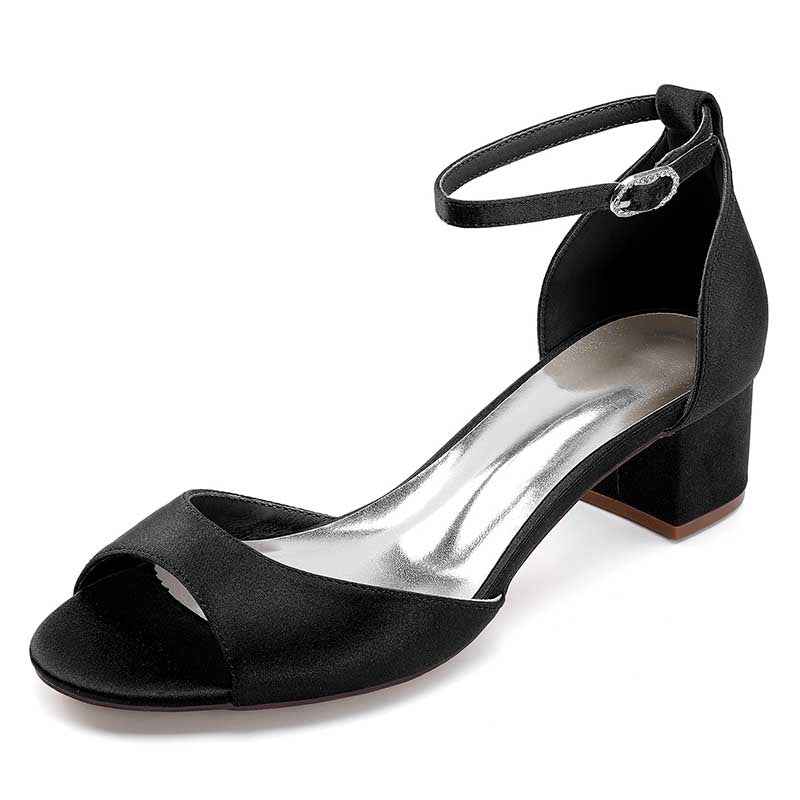 Elegant black comfortable block heel wedding sandals with ankle strap and peep-toe design