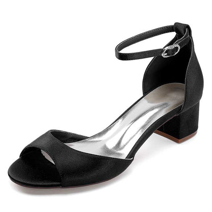 Elegant black comfortable block heel wedding sandals with ankle strap and peep-toe design