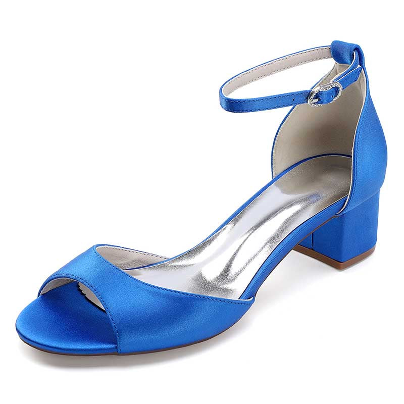 Satin blue comfortable block heel wedding sandals with ankle strap for elegant occasions