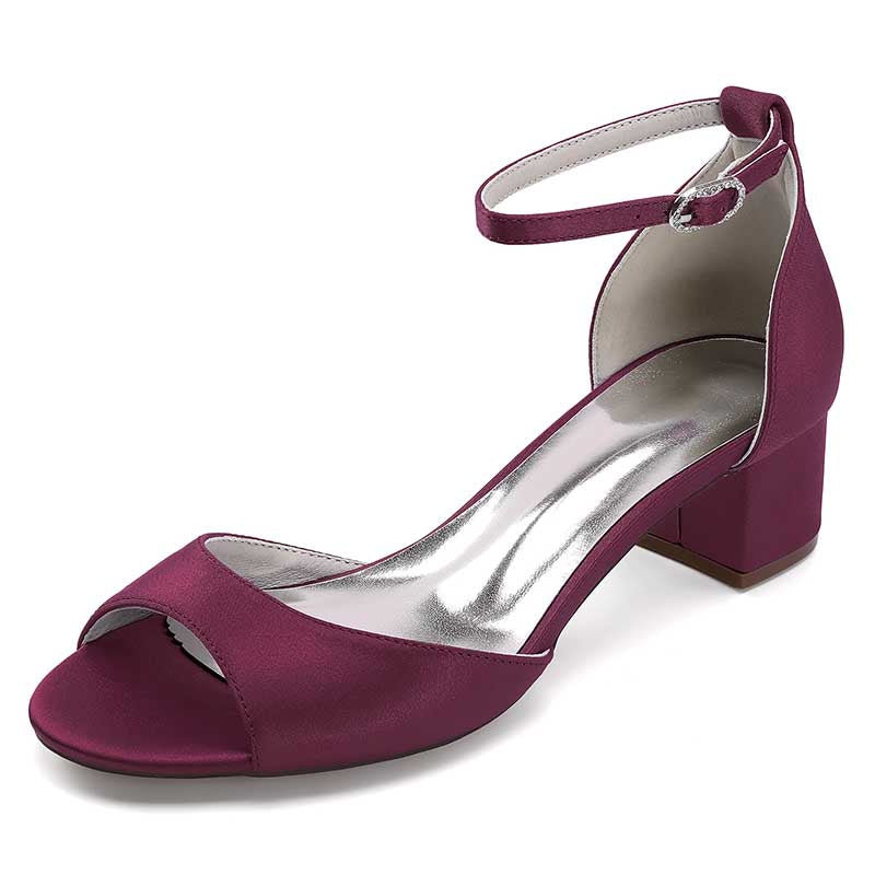 Elegant burgundy comfortable block heel wedding sandals with ankle strap and open toe design