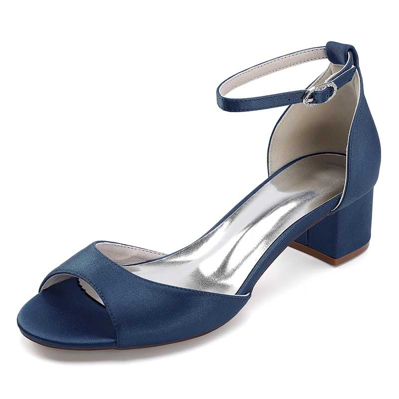 Elegant navy blue comfortable block heel wedding sandals with ankle strap and open toe design