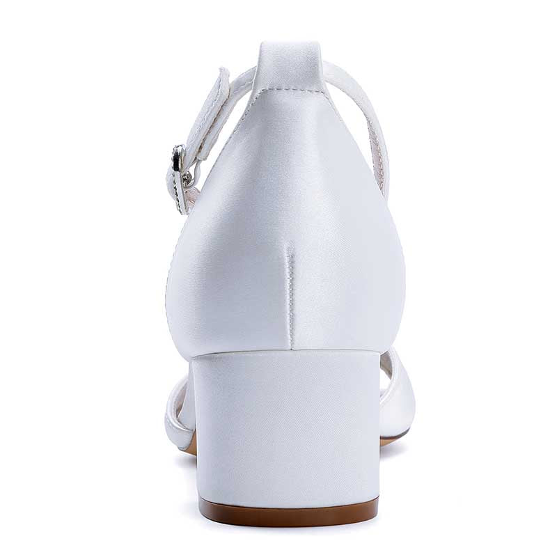 Elegant white comfortable block heel wedding sandals with ankle strap design for stylish brides