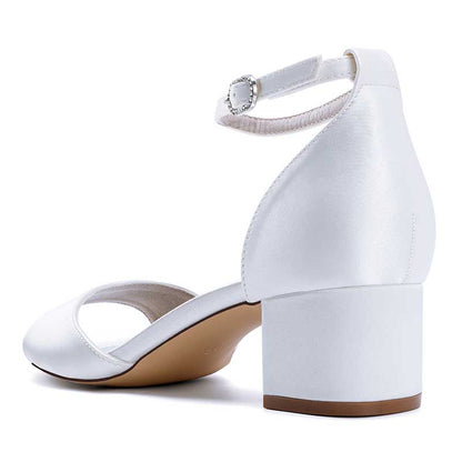 Elegant white comfortable block heel wedding sandals with ankle strap for bridal occasions