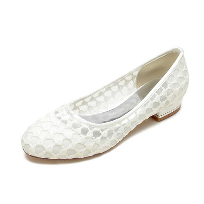 Elegant lace comfortable bridal flats with a low heel, perfect for weddings or special occasions