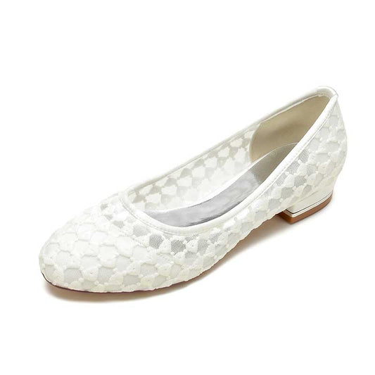Elegant lace comfortable bridal flats with a low heel, perfect for weddings or special occasions