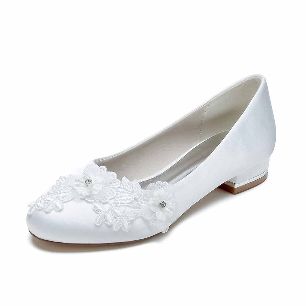 Elegant comfortable wedding flats for bride with floral lace details and low heel 