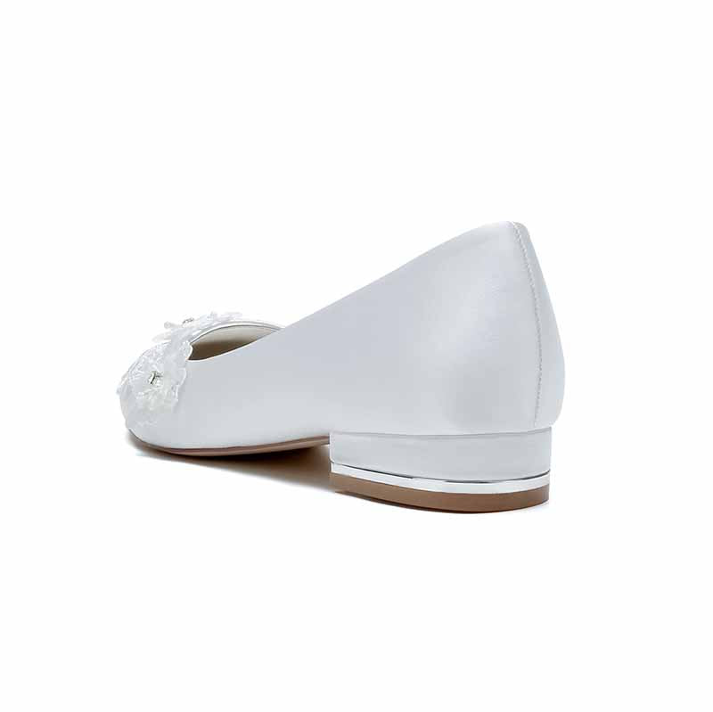 Elegant white TC wedding shoes featuring floral embellishments, perfect comfortable wedding flats for bride