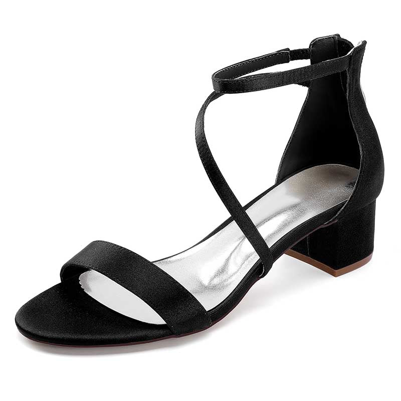Stylish black comfortable wedding sandals with chunky heel featuring elegant ankle straps