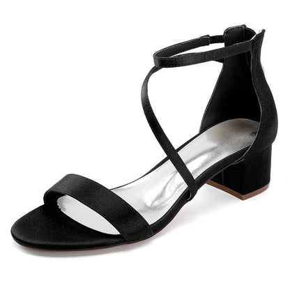 Stylish black comfortable wedding sandals with chunky heel featuring elegant ankle straps