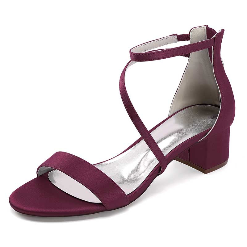 Burgundy comfortable wedding sandals with chunky heel featuring stylish cross-strap design