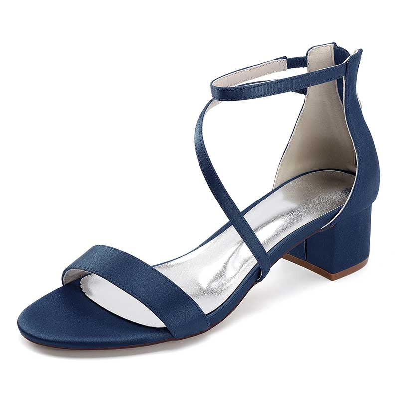 Stylish navy blue comfortable wedding sandals with chunky heel and adjustable ankle strap.