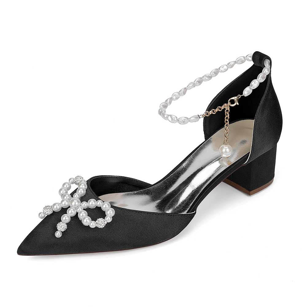 Elegant black comfortable wedding shoes block heel with pearl embellishments and ankle strap