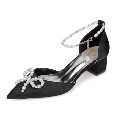 Elegant black comfortable wedding shoes block heel with pearl embellishments and ankle strap