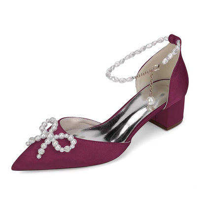 Elegant sd-hk comfortable wedding shoes block heel in burgundy with pearl detailing and ankle strap