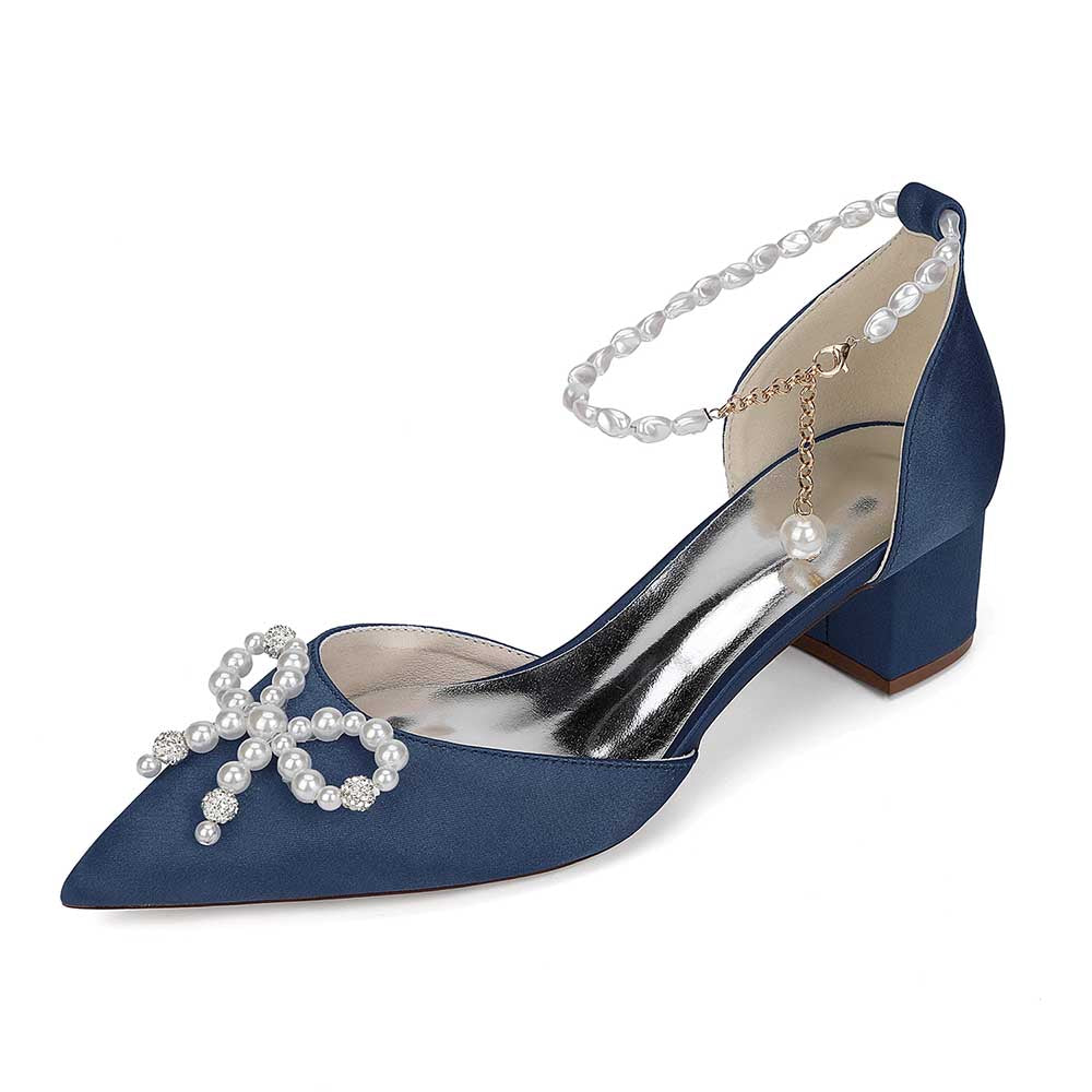 Elegant navy blue comfortable wedding shoes block heel with pearl detailing and ankle strap.