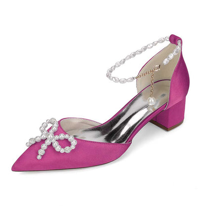 Stylish pink comfortable wedding shoes block heel with pearl embellishments and ankle strap