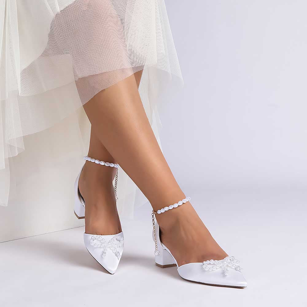 Elegant white comfortable wedding shoes block heel with decorative embellishments for bridal style