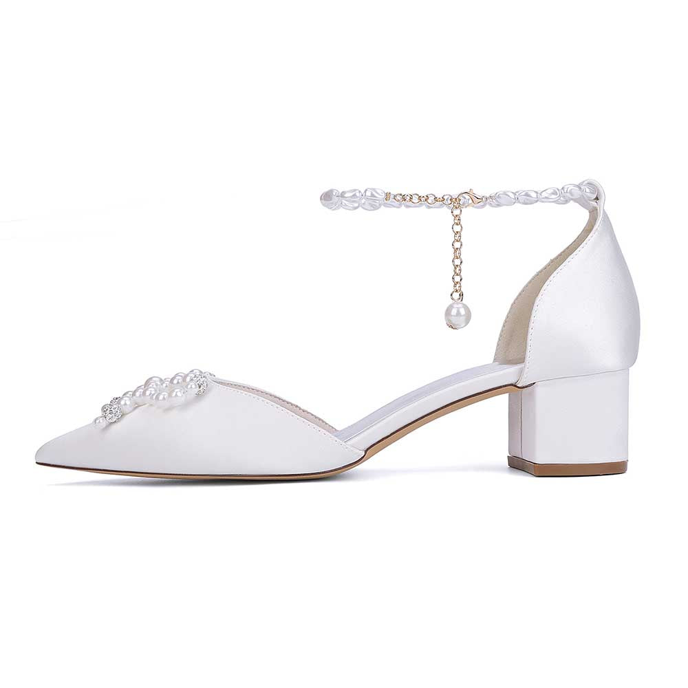 Elegant white comfortable wedding shoes block heel with pearl ankle strap detailing