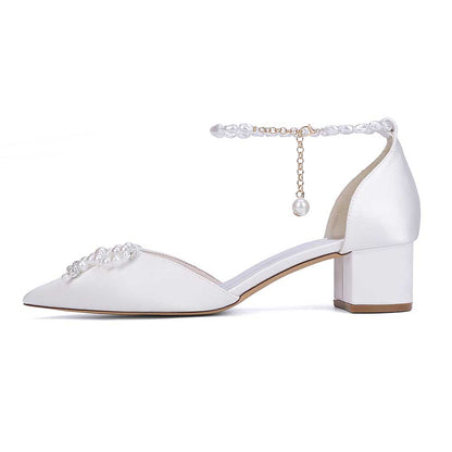 Elegant white comfortable wedding shoes block heel with pearl ankle strap detailing