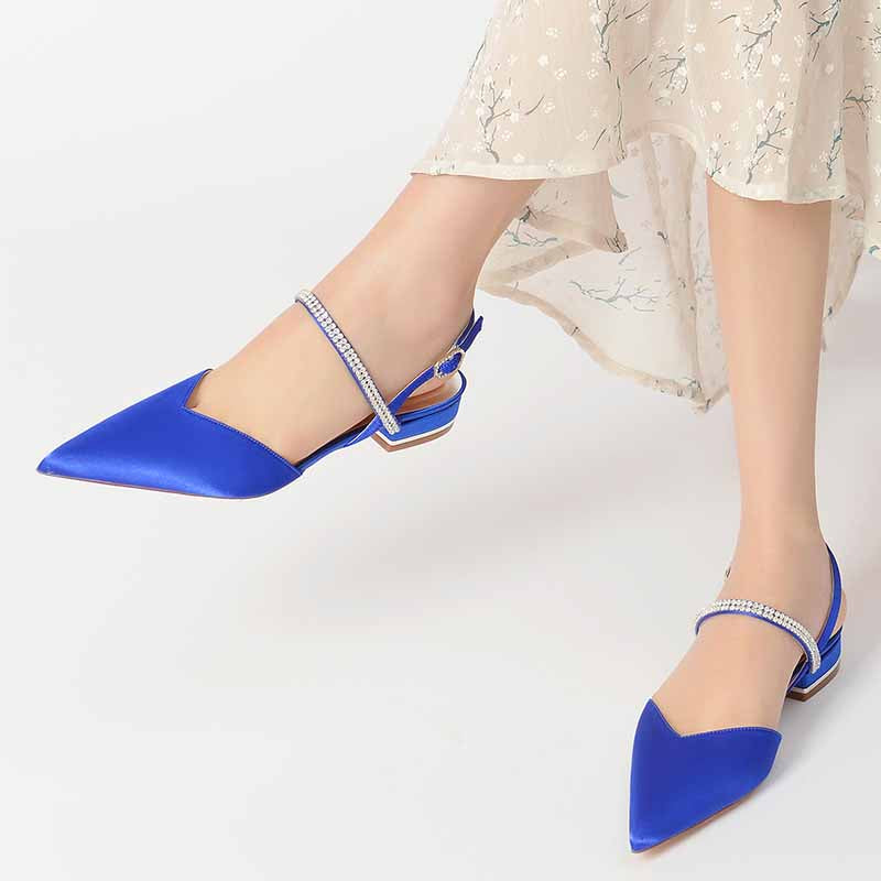 Elegant blue S&DCo. comfortable wedding shoes for brides with a pointed toe and ankle strap