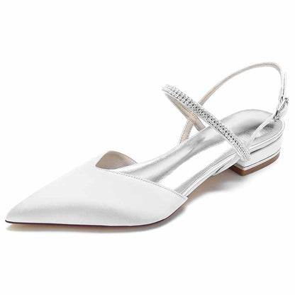 Elegant white S&DCo. comfortable wedding shoes for brides with a pointed toe and a stylish ankle strap