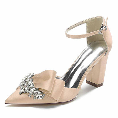 S&DCo. elegant beige comfortable wedding shoes for women with bow and rhinestone detail