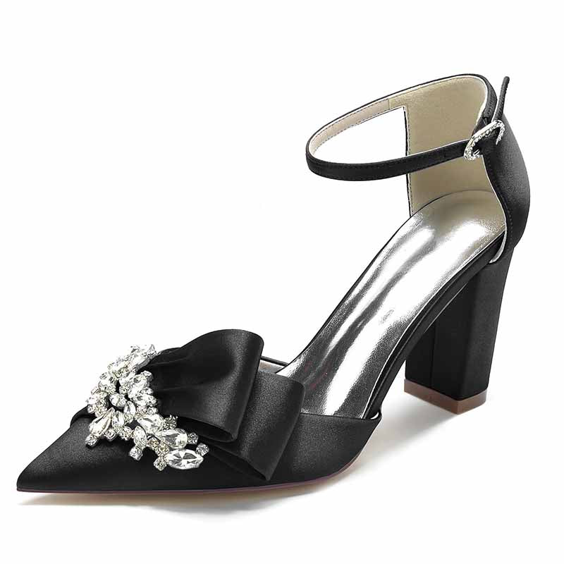 Elegant black satin comfortable wedding shoes for women with a decorative bow and gem accent