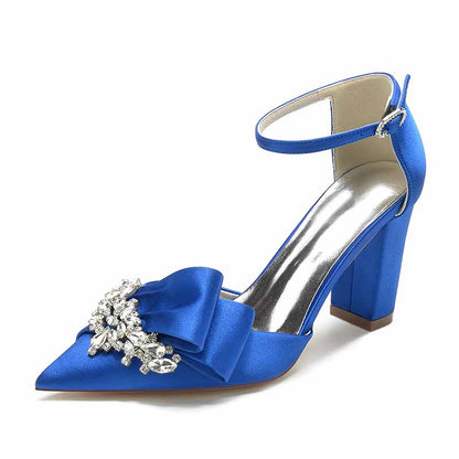 S&DCo. Blue Satin High Heel Wedding Shoes with Bow and Rhinestone Accent for Comfortable wedding shoes for women