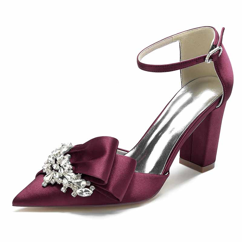 Elegant burgundy S&DCo. comfortable wedding shoes for women with a decorative bow and ankle strap