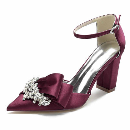 Elegant burgundy S&DCo. comfortable wedding shoes for women with a decorative bow and ankle strap