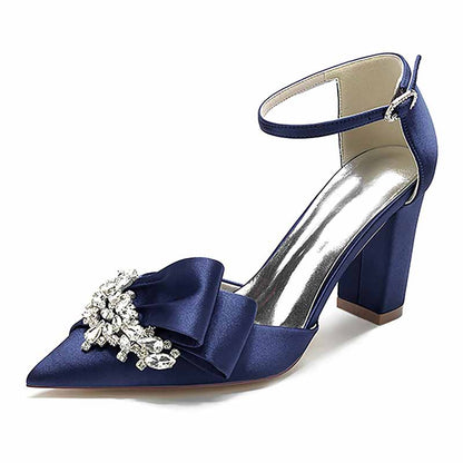 Elegant navy blue comfortable wedding shoes for women with a bow and rhinestone embellishment