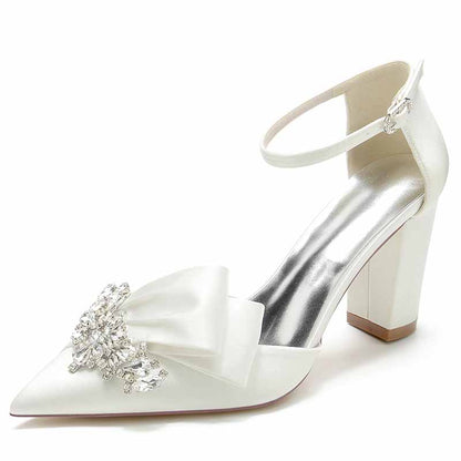 Elegant white S&DCo. wedding shoes with a jeweled bow, perfect comfortable wedding shoes for women