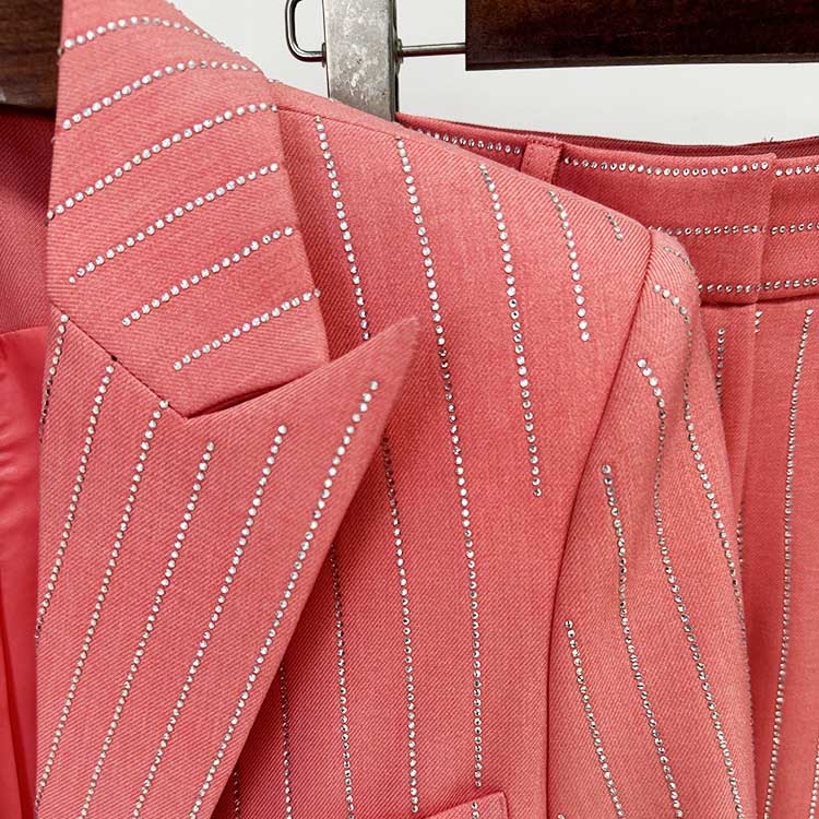 Women Pink Loose Fit Suit Summer Pantsuit Diamond Stripes Event Outfit