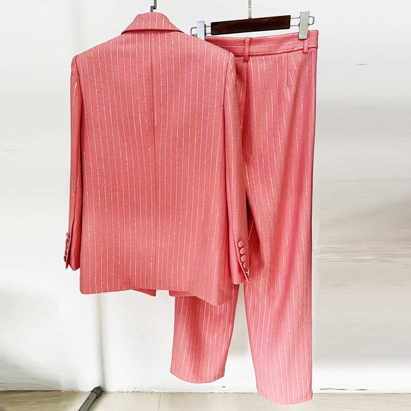 Women Pink Loose Fit Suit Summer Pantsuit Diamond Stripes Event Outfit