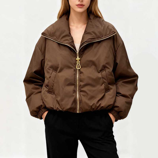 Stylish brown cotton padded winter jacket for women with a zip closure and oversized collar