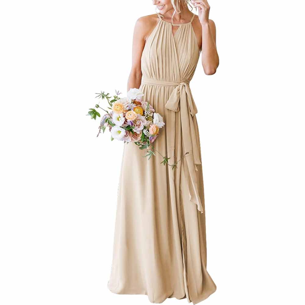 Women's Halter Chiffon Bridesmaid Dress Long A-Line Weddign Guest Dresses