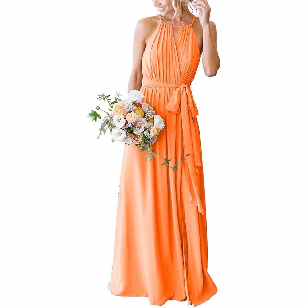 Women's Halter Chiffon Bridesmaid Dress Long A-Line Weddign Guest Dresses