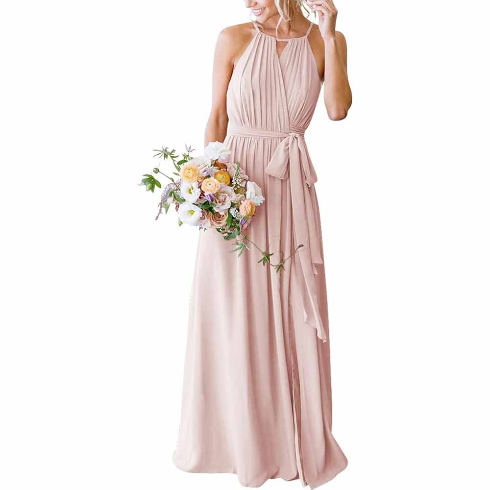 Women's Halter Chiffon Bridesmaid Dress Long A-Line Weddign Guest Dresses