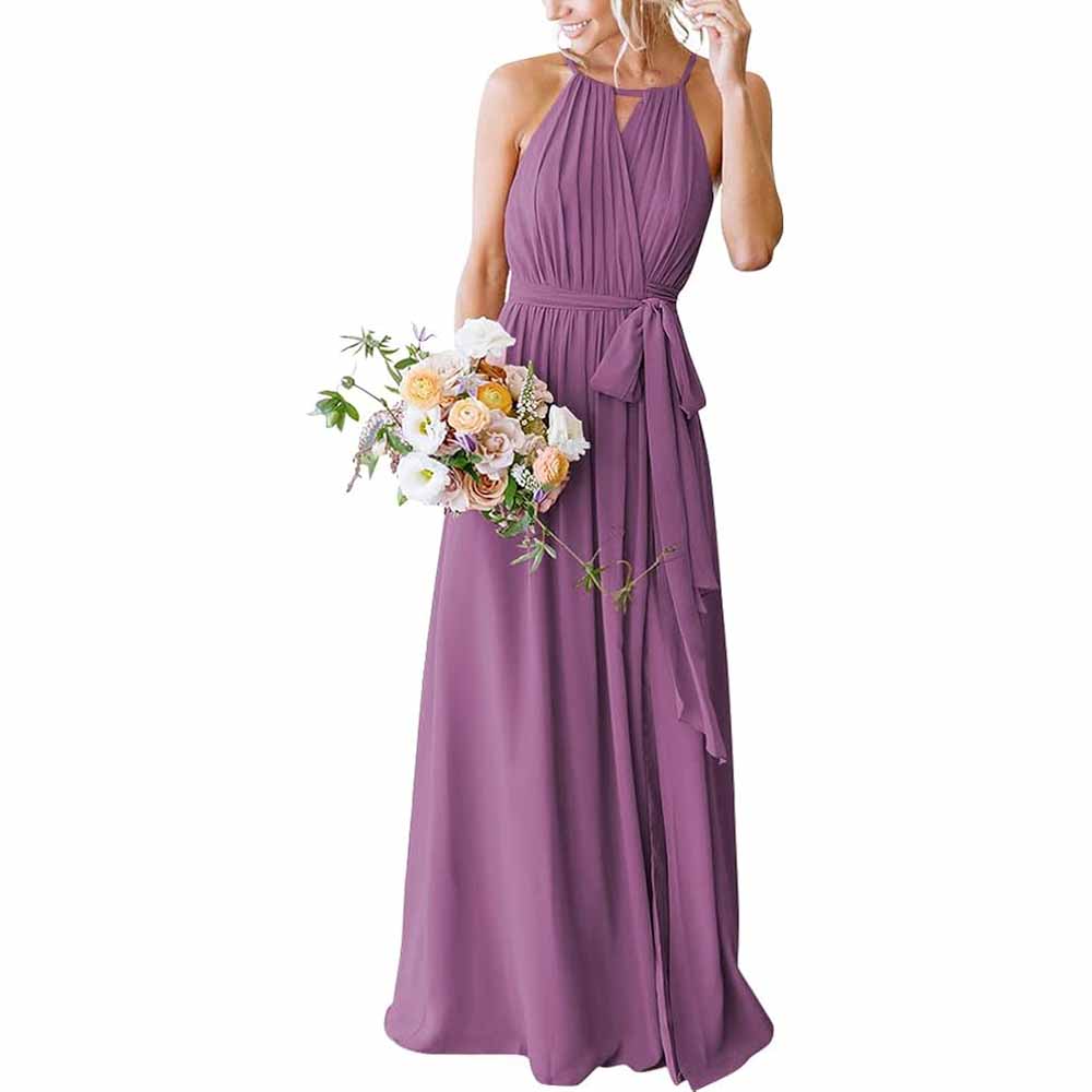 Women's Halter Chiffon Bridesmaid Dress Long A-Line Weddign Guest Dresses