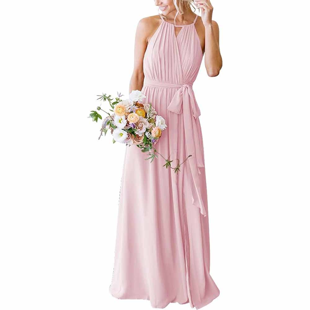 Women's Halter Chiffon Bridesmaid Dress Long A-Line Weddign Guest Dresses