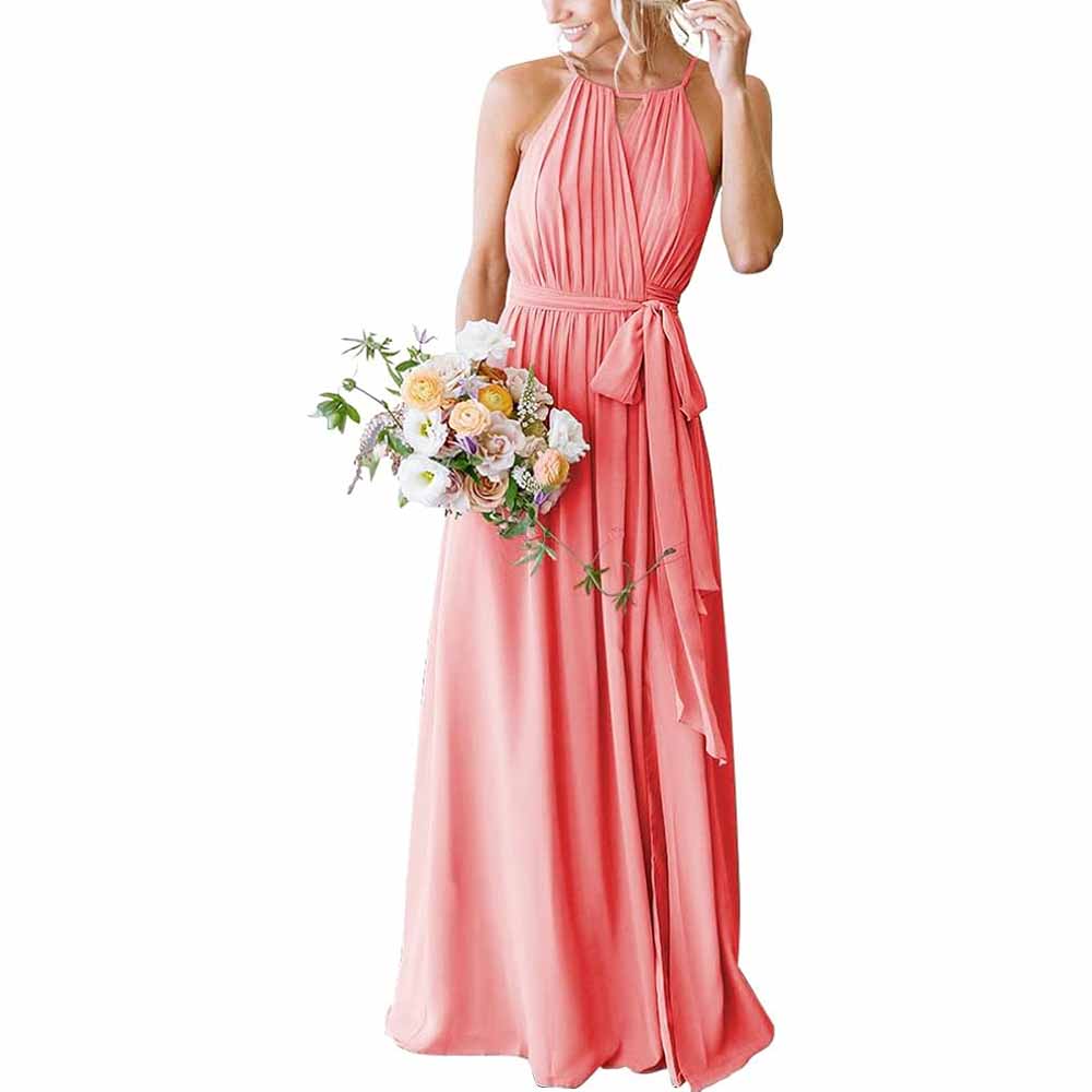 Women's Halter Chiffon Bridesmaid Dress Long A-Line Weddign Guest Dresses