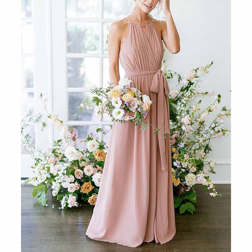 Women's Halter Chiffon Bridesmaid Dress Long A-Line Weddign Guest Dresses