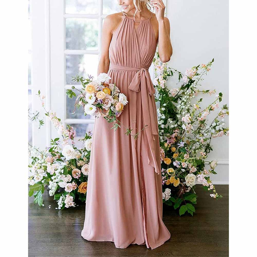 Women's Halter Chiffon Bridesmaid Dress Long A-Line Weddign Guest Dresses