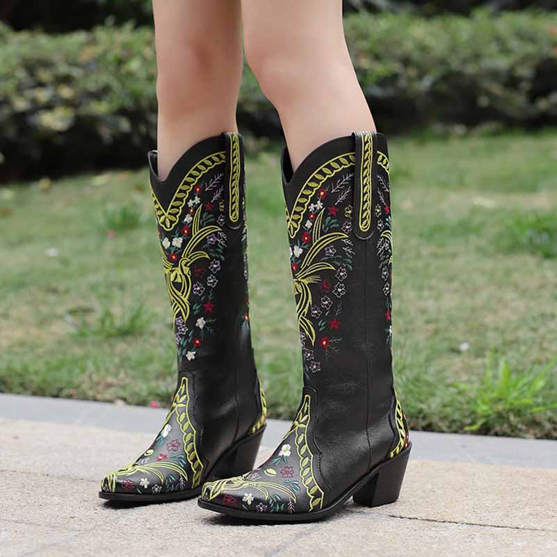 US3-US13 Women's Knee Length Embroidered Cowgirl Boots Cowboy boots in white, black,green color