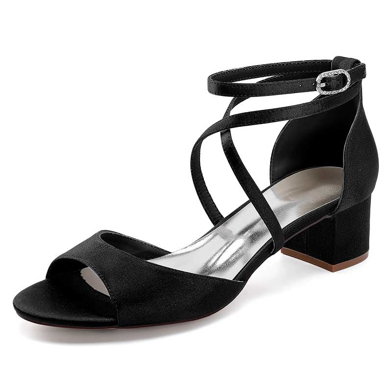 Elegant black criss cross satin block heel sandals with ankle strap for stylish comfort