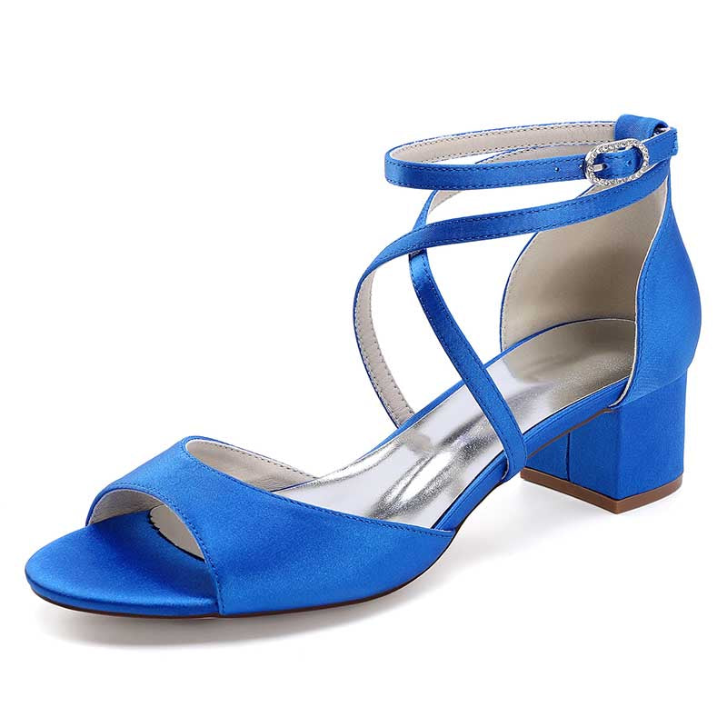 Criss cross satin block heel sandals in blue with a stylish open toe and ankle strap design
