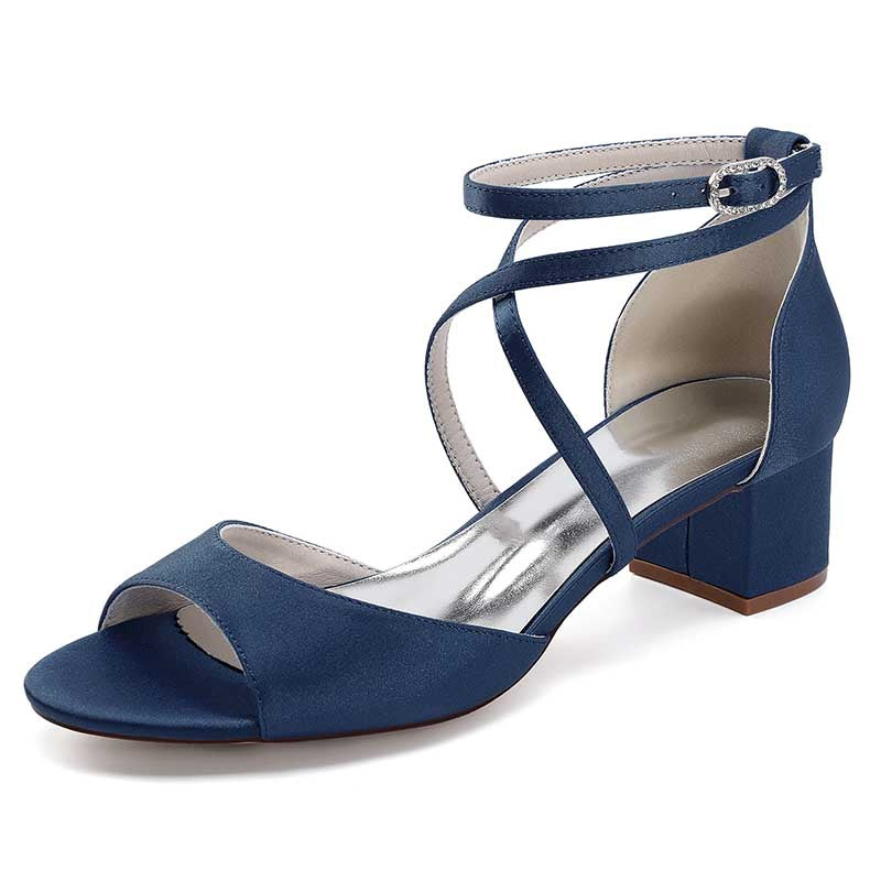 Navy Criss Cross Satin Block Heel Sandals with Adjustable Ankle Strap for Elegant Style